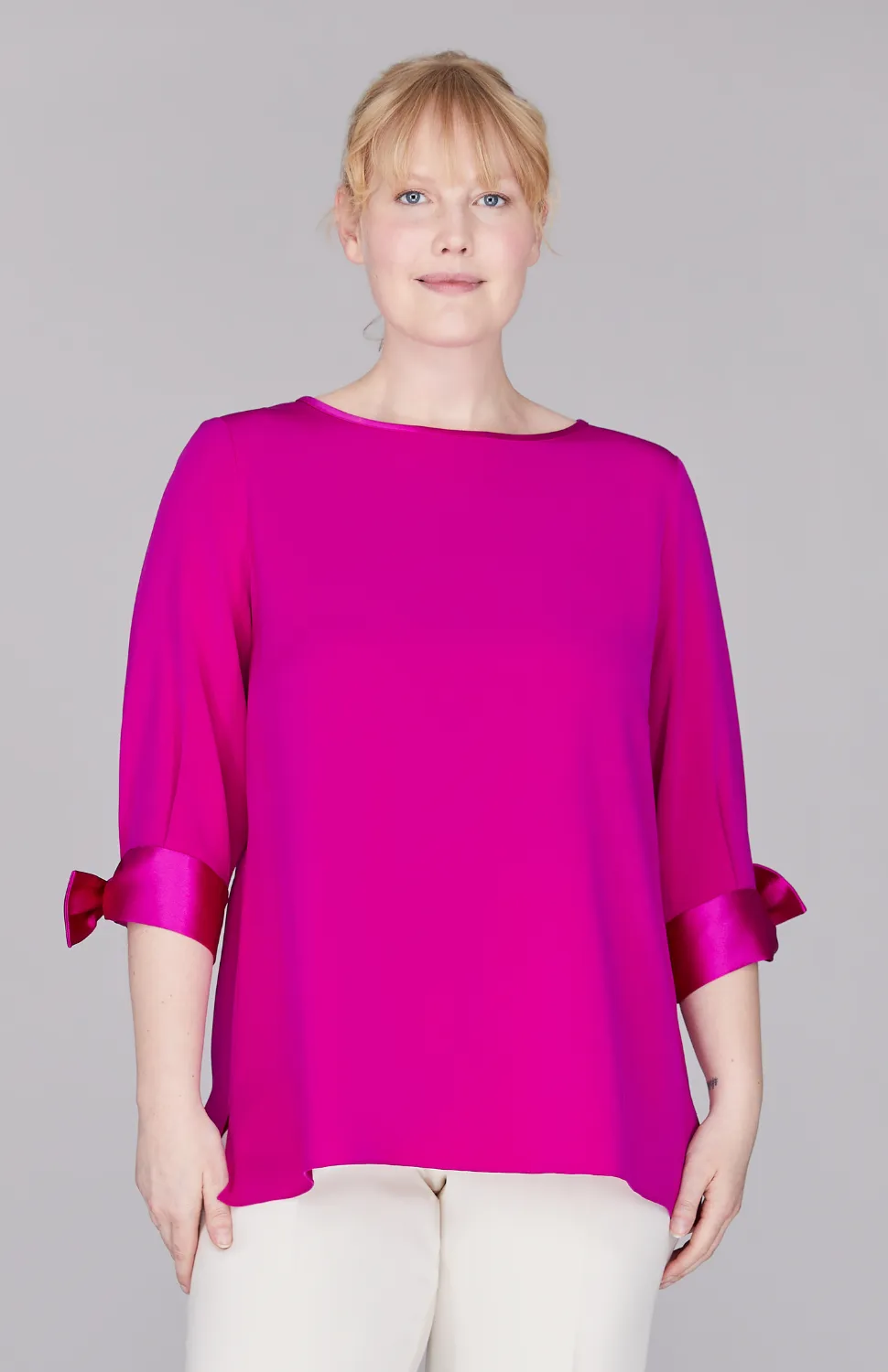 Silk 3/4 Sleeve Blouse w/Satin Tie Cuff