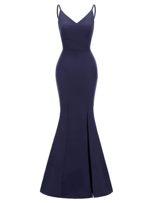 Sling Solid Color Backless Spilt Satin Vintage Party Maxi Dress
