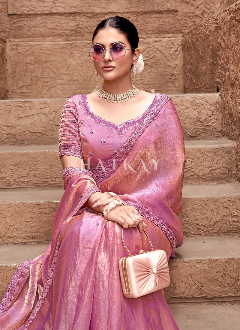 Soft Pink Handwork Embroidery Satin Silk Saree