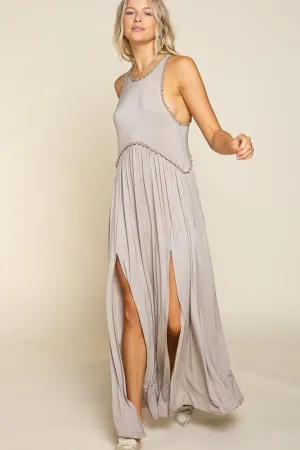 Stone Washed Side Slit Sleeveless Maxi Dress