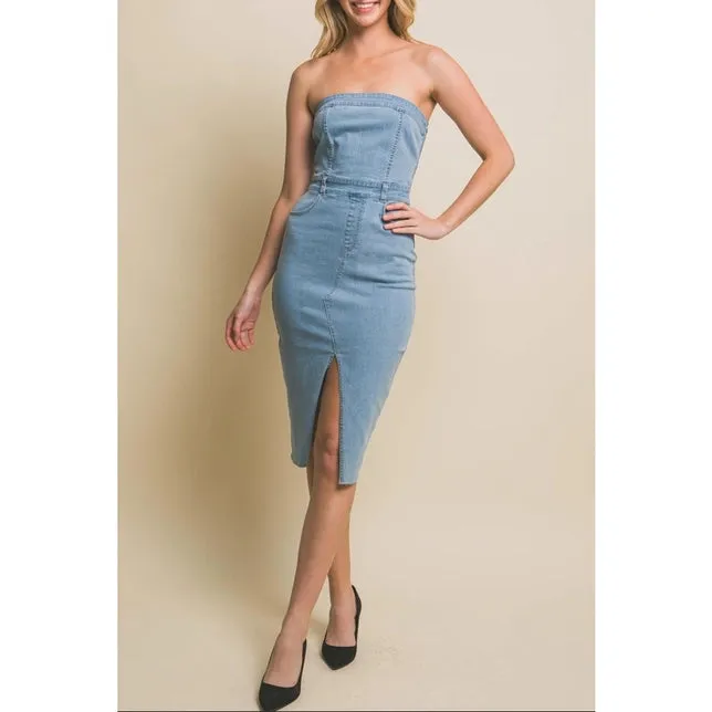 Strapless Denim Midi Dress