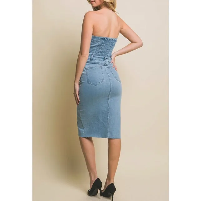 Strapless Denim Midi Dress