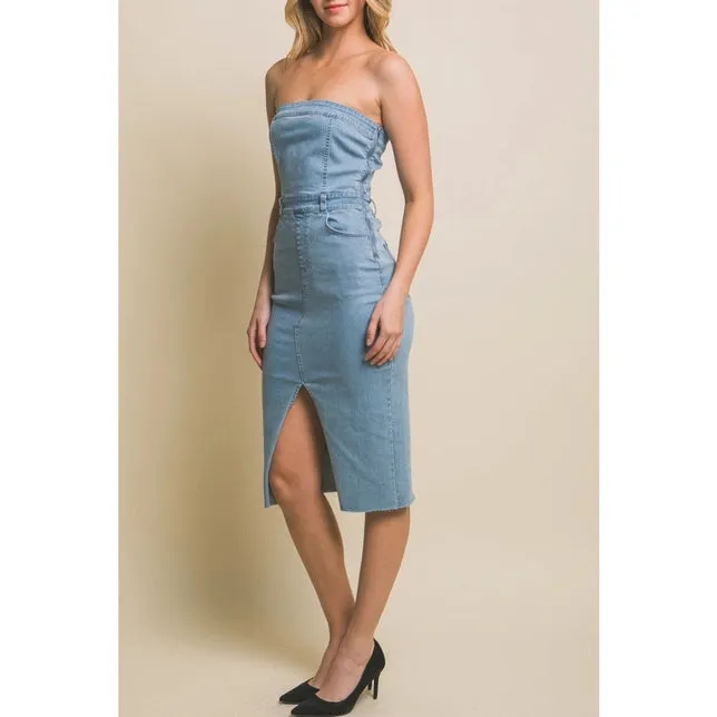 Strapless Denim Midi Dress