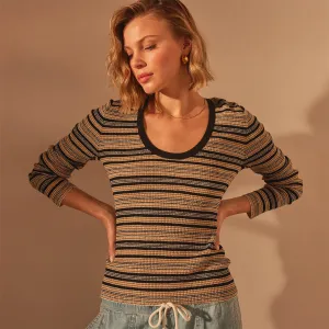 Stretch Linen Ribbed U Neck - Black Stripe