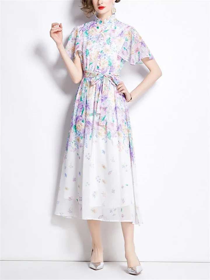 Sweet Stand Collar Flutter Sleeve Print Chiffon Dress for Lady