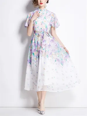 Sweet Stand Collar Flutter Sleeve Print Chiffon Dress for Lady