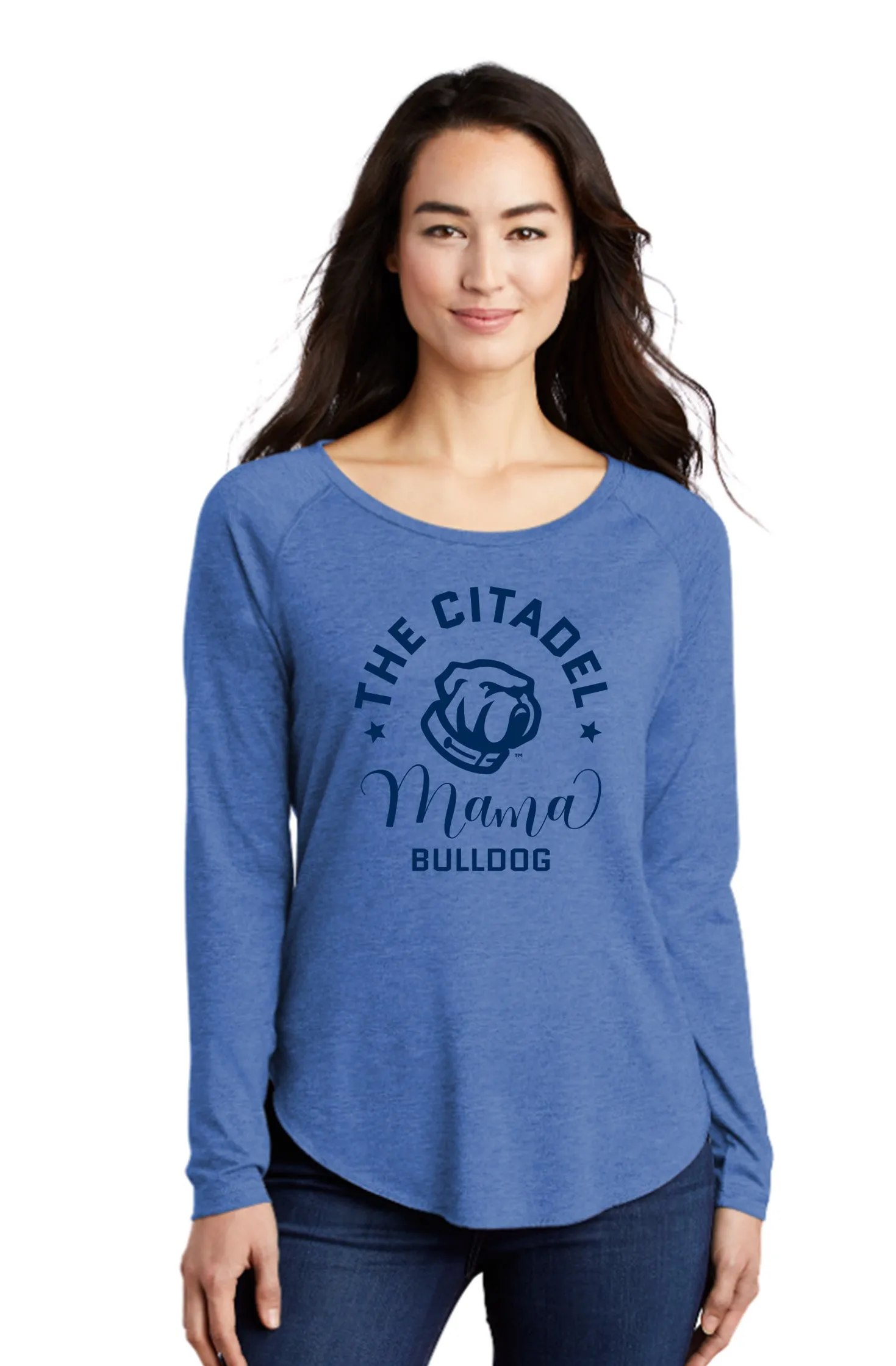 The Citadel, Mama Bulldog Ladies Long Sleeve Tri-Blend Wicking Scoop Neck Raglan Tee Shirt