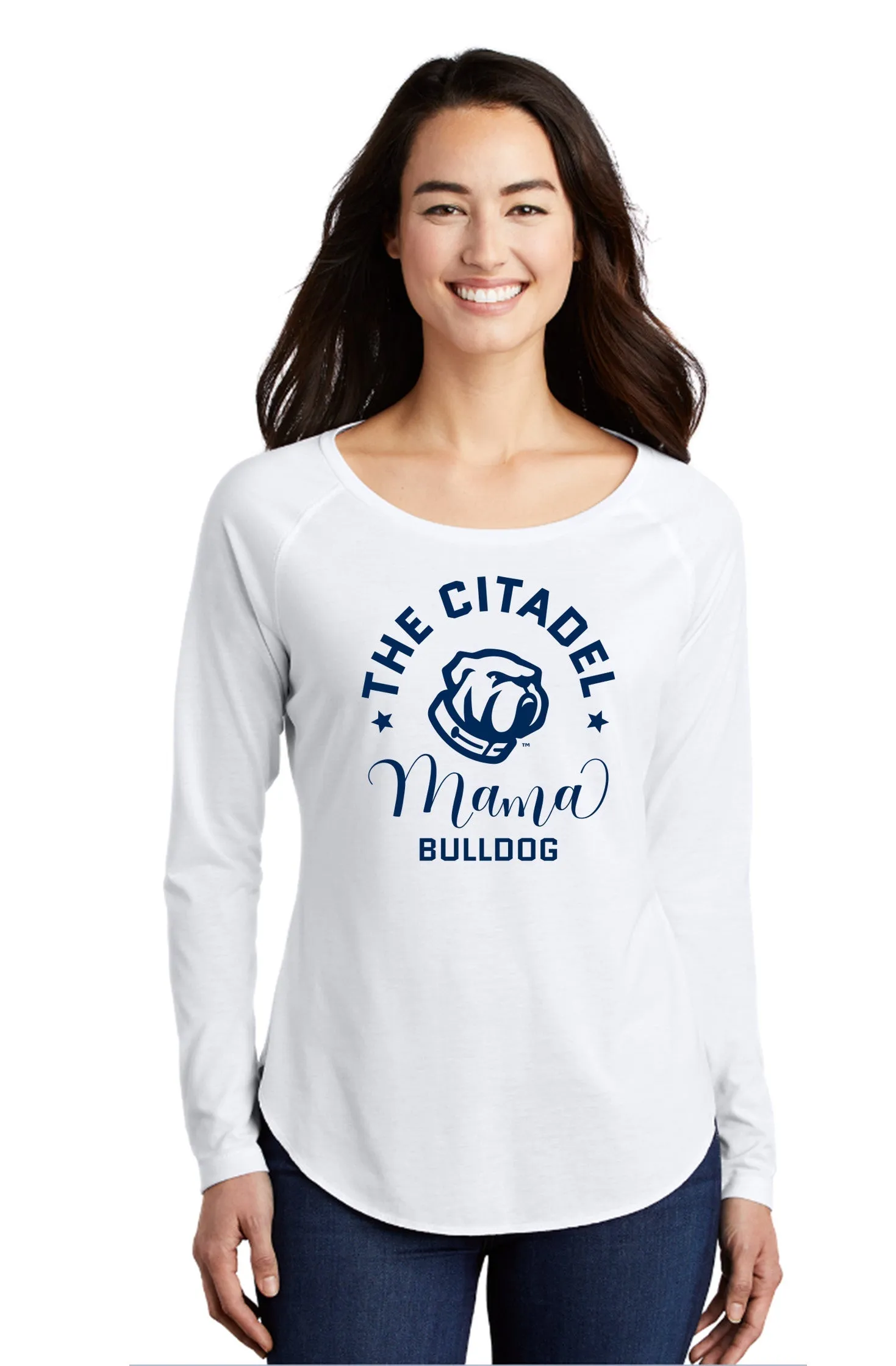 The Citadel, Mama Bulldog Ladies Long Sleeve Tri-Blend Wicking Scoop Neck Raglan Tee Shirt