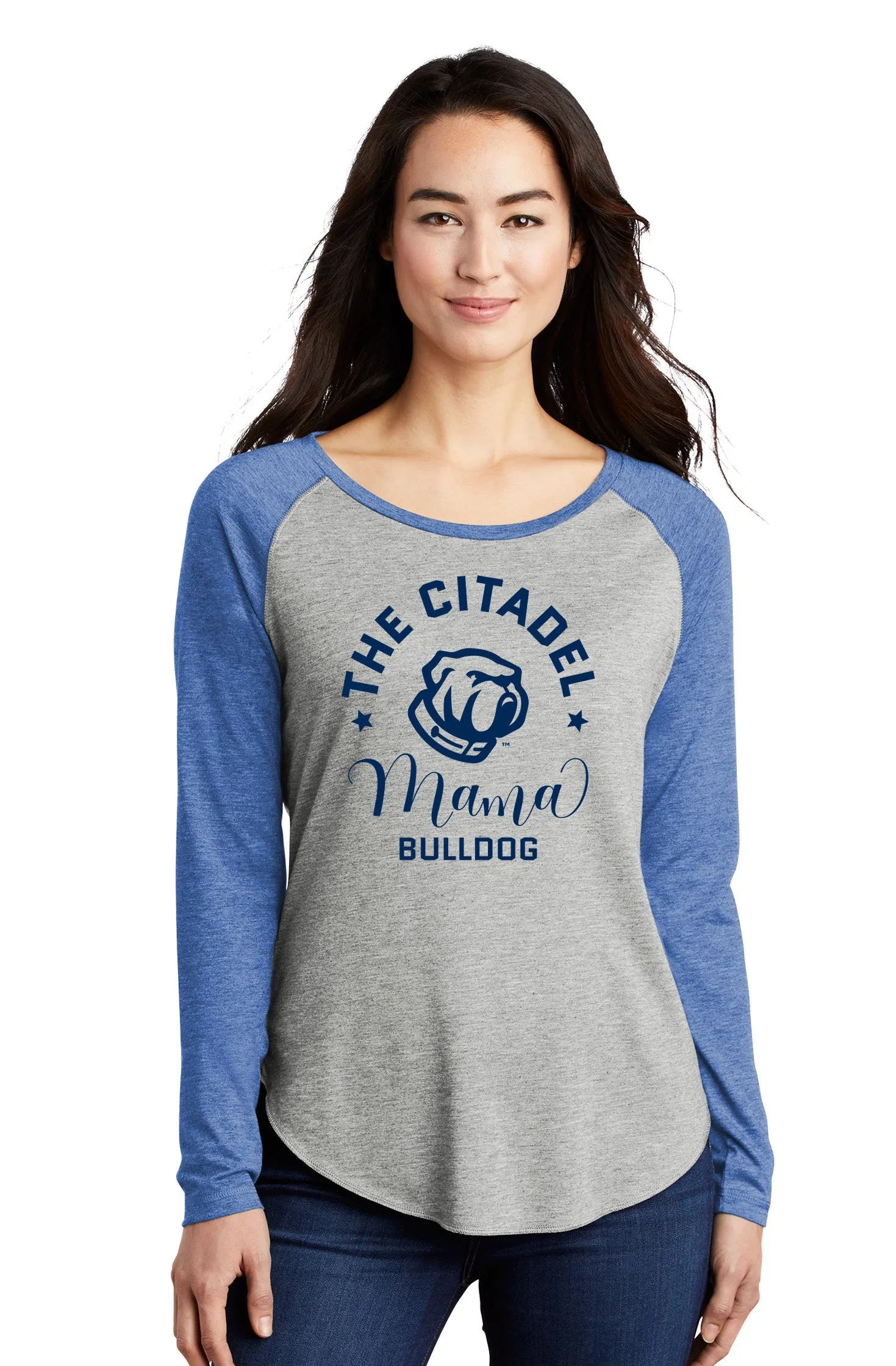 The Citadel, Mama Bulldog Ladies Long Sleeve Tri-Blend Wicking Scoop Neck Raglan Tee Shirt