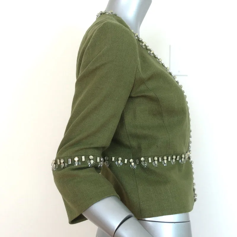 Tory Burch Crystal-Trim Jacket Avery Green Linen-Blend Size 0