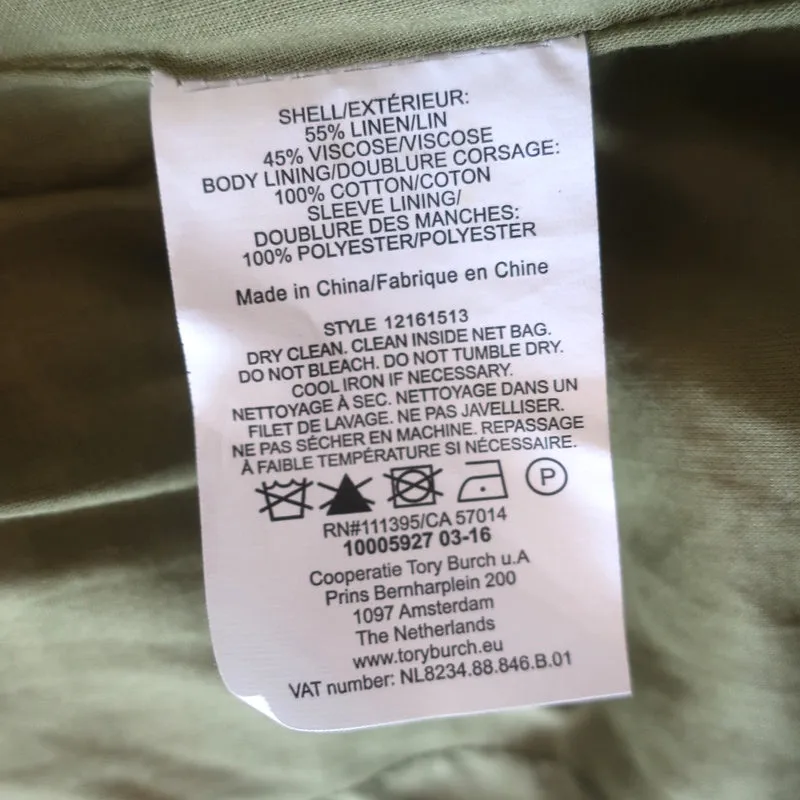 Tory Burch Crystal-Trim Jacket Avery Green Linen-Blend Size 0