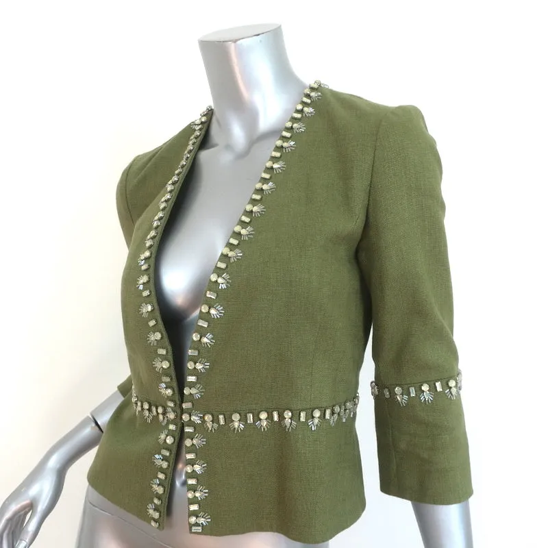 Tory Burch Crystal-Trim Jacket Avery Green Linen-Blend Size 0