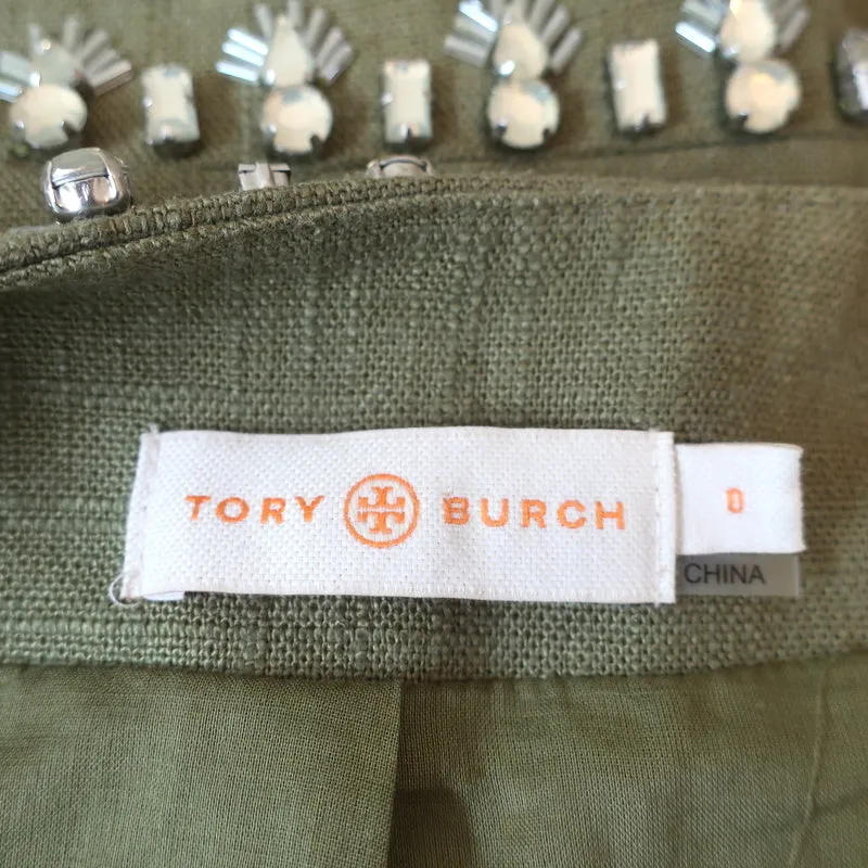 Tory Burch Crystal-Trim Jacket Avery Green Linen-Blend Size 0