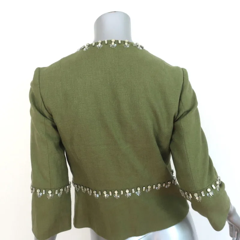 Tory Burch Crystal-Trim Jacket Avery Green Linen-Blend Size 0