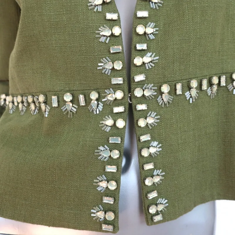 Tory Burch Crystal-Trim Jacket Avery Green Linen-Blend Size 0