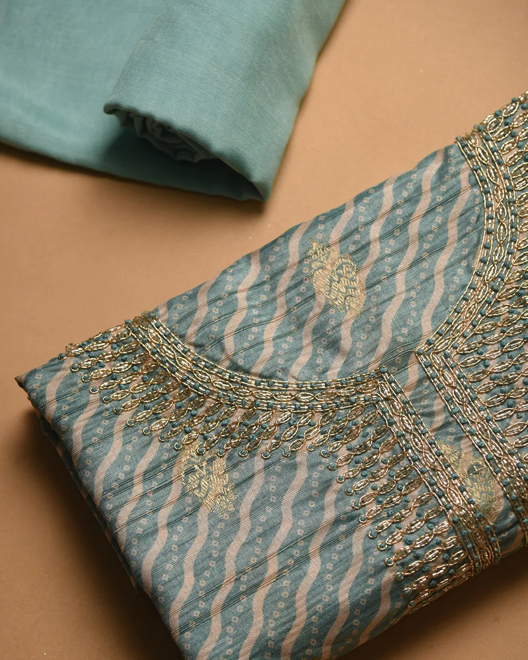 Turquoise Silk Blend Woven With Embroidery Unstitched Suit Fabric Set With Silk Blend Dupatta