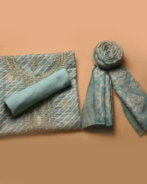 Turquoise Silk Blend Woven With Embroidery Unstitched Suit Fabric Set With Silk Blend Dupatta