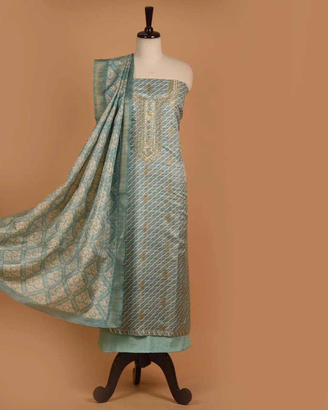 Turquoise Silk Blend Woven With Embroidery Unstitched Suit Fabric Set With Silk Blend Dupatta