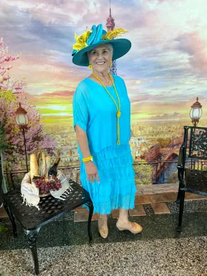 Turquoise Silk Scoop Neck Maxi Ruffle Dress