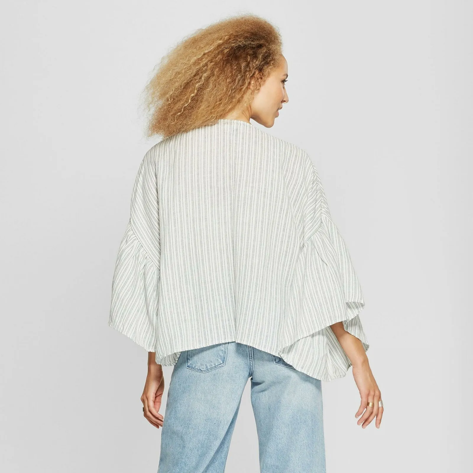 Universal Thread Women's Woven Striped Flounce Sleeve Open Kimono Jacket