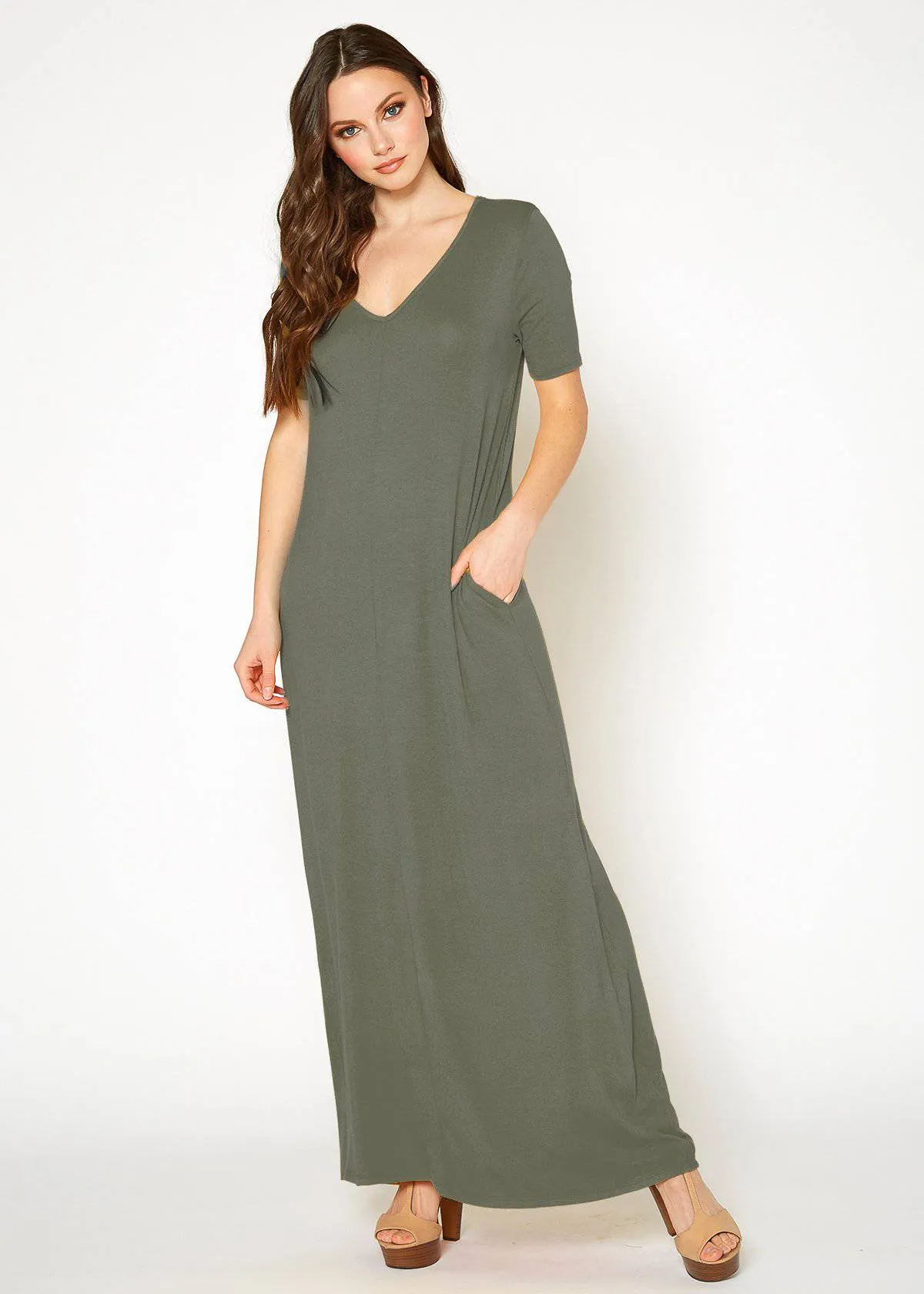 V-neck Short Sleeve Maxi Dress With Pockets by Shop at Konus
