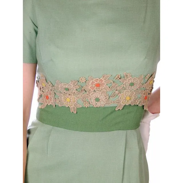 Vintage Dress Green Wiggle Linen 1950s Lace Waistband Ferman O'Grady 36-26-36