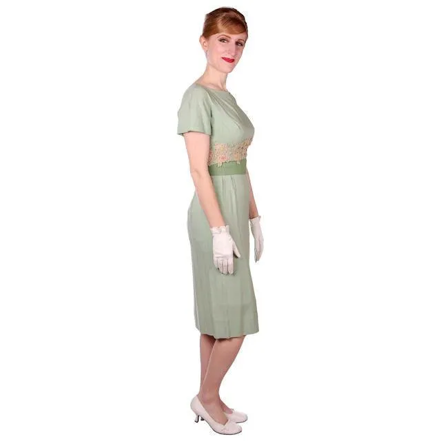 Vintage Dress Green Wiggle Linen 1950s Lace Waistband Ferman O'Grady 36-26-36