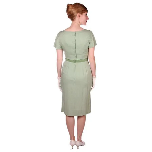 Vintage Dress Green Wiggle Linen 1950s Lace Waistband Ferman O'Grady 36-26-36