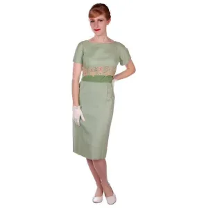 Vintage Dress Green Wiggle Linen 1950s Lace Waistband Ferman O'Grady 36-26-36