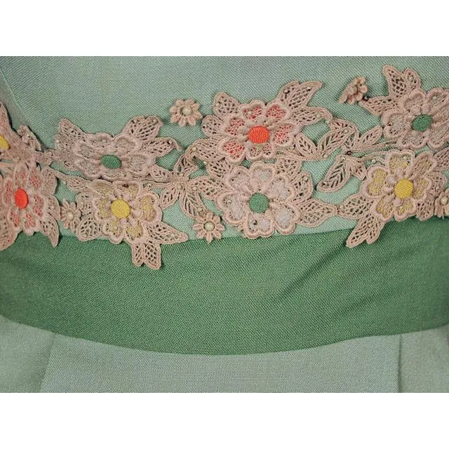 Vintage Dress Green Wiggle Linen 1950s Lace Waistband Ferman O'Grady 36-26-36