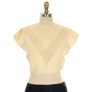 Vintage Ladies Sweater Hand Knit Rayon Warm Cream Neat Openwork 1950s Small
