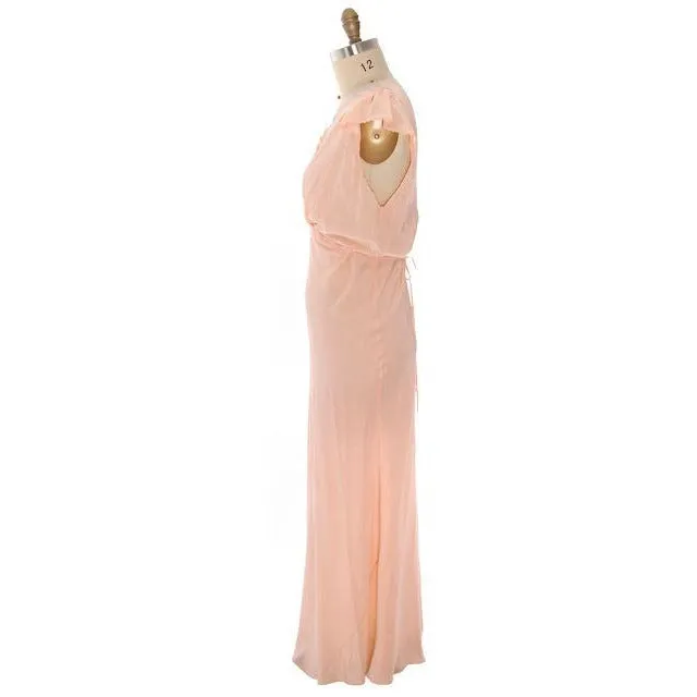 Vintage  Nightgown Rayon Peach Bias Cut W/ Blue Floral Embroidery 52" Bust