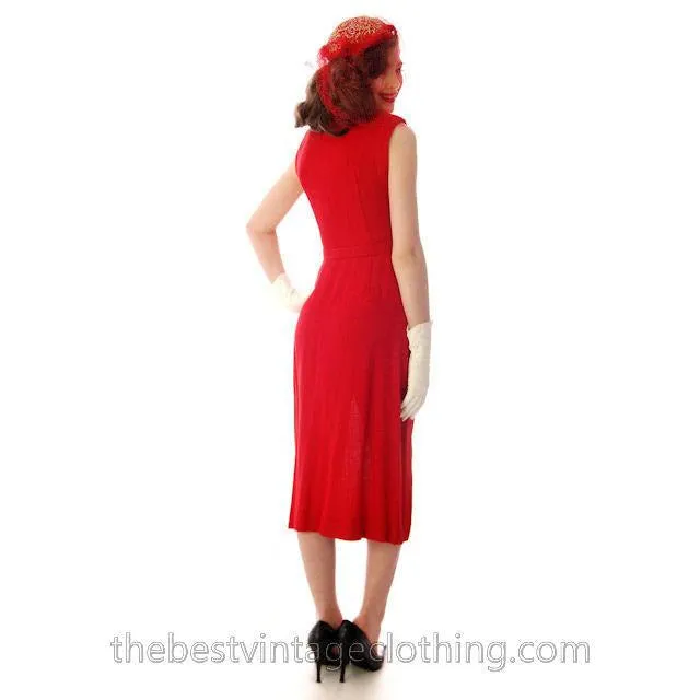 Vintage Sheath Cocktail Dress 1950s Red Linen Unique Cape Late 1940s 33-25-36