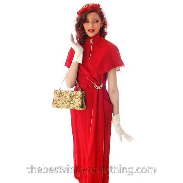 Vintage Sheath Cocktail Dress 1950s Red Linen Unique Cape Late 1940s 33-25-36