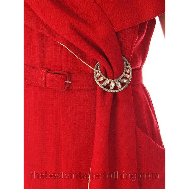 Vintage Sheath Cocktail Dress 1950s Red Linen Unique Cape Late 1940s 33-25-36