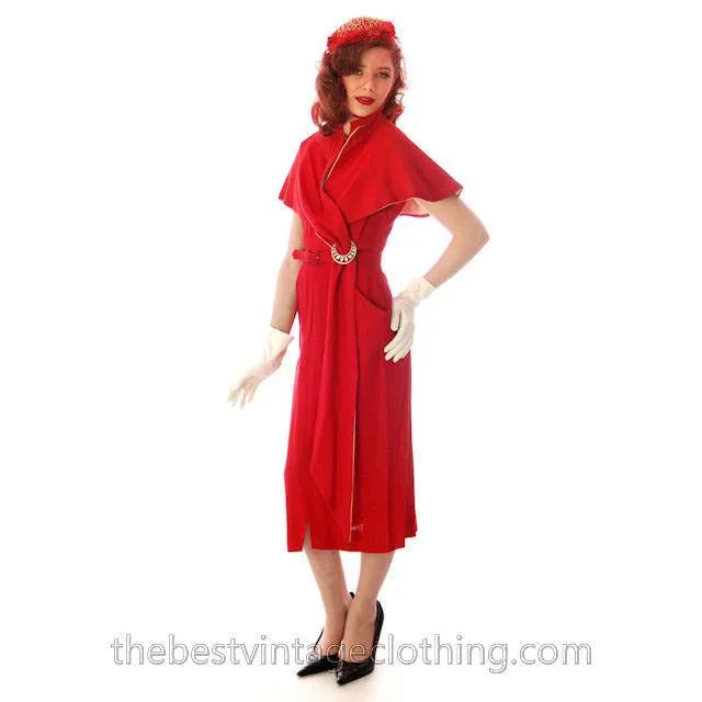 Vintage Sheath Cocktail Dress 1950s Red Linen Unique Cape Late 1940s 33-25-36