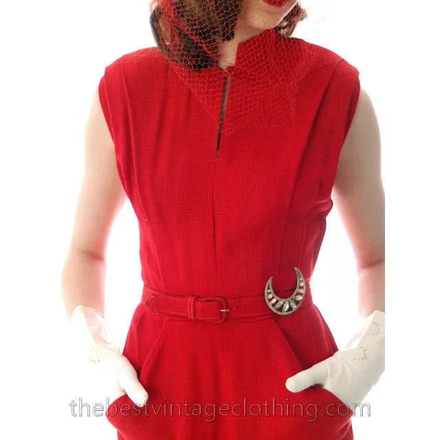 Vintage Sheath Cocktail Dress 1950s Red Linen Unique Cape Late 1940s 33-25-36