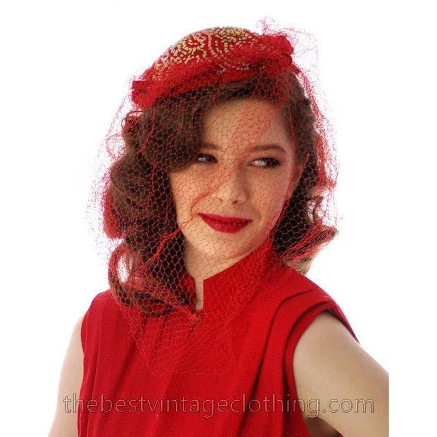 Vintage Sheath Cocktail Dress 1950s Red Linen Unique Cape Late 1940s 33-25-36