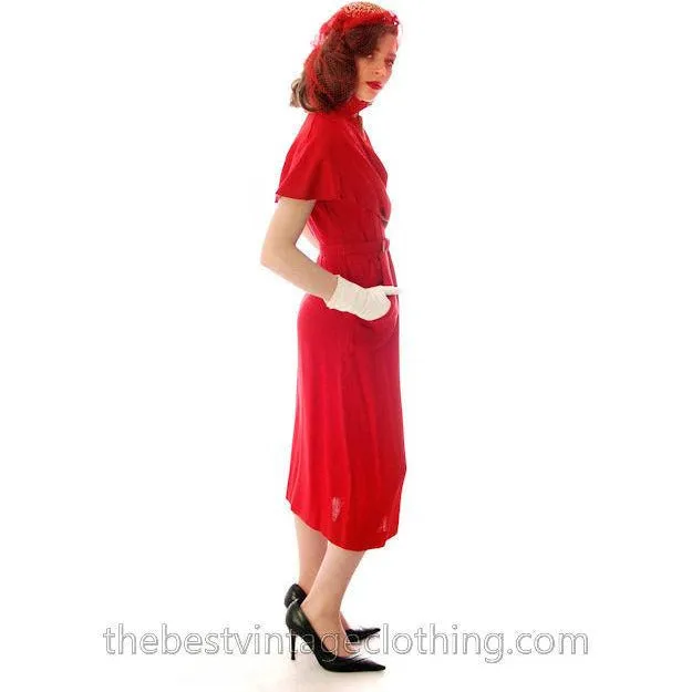 Vintage Sheath Cocktail Dress 1950s Red Linen Unique Cape Late 1940s 33-25-36