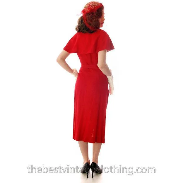Vintage Sheath Cocktail Dress 1950s Red Linen Unique Cape Late 1940s 33-25-36