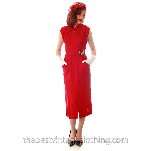 Vintage Sheath Cocktail Dress 1950s Red Linen Unique Cape Late 1940s 33-25-36