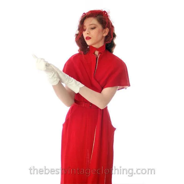 Vintage Sheath Cocktail Dress 1950s Red Linen Unique Cape Late 1940s 33-25-36