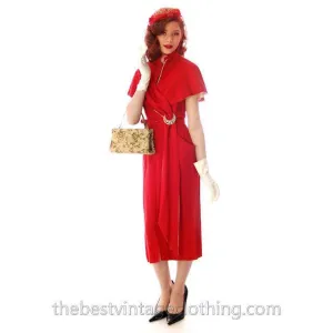 Vintage Sheath Cocktail Dress 1950s Red Linen Unique Cape Late 1940s 33-25-36