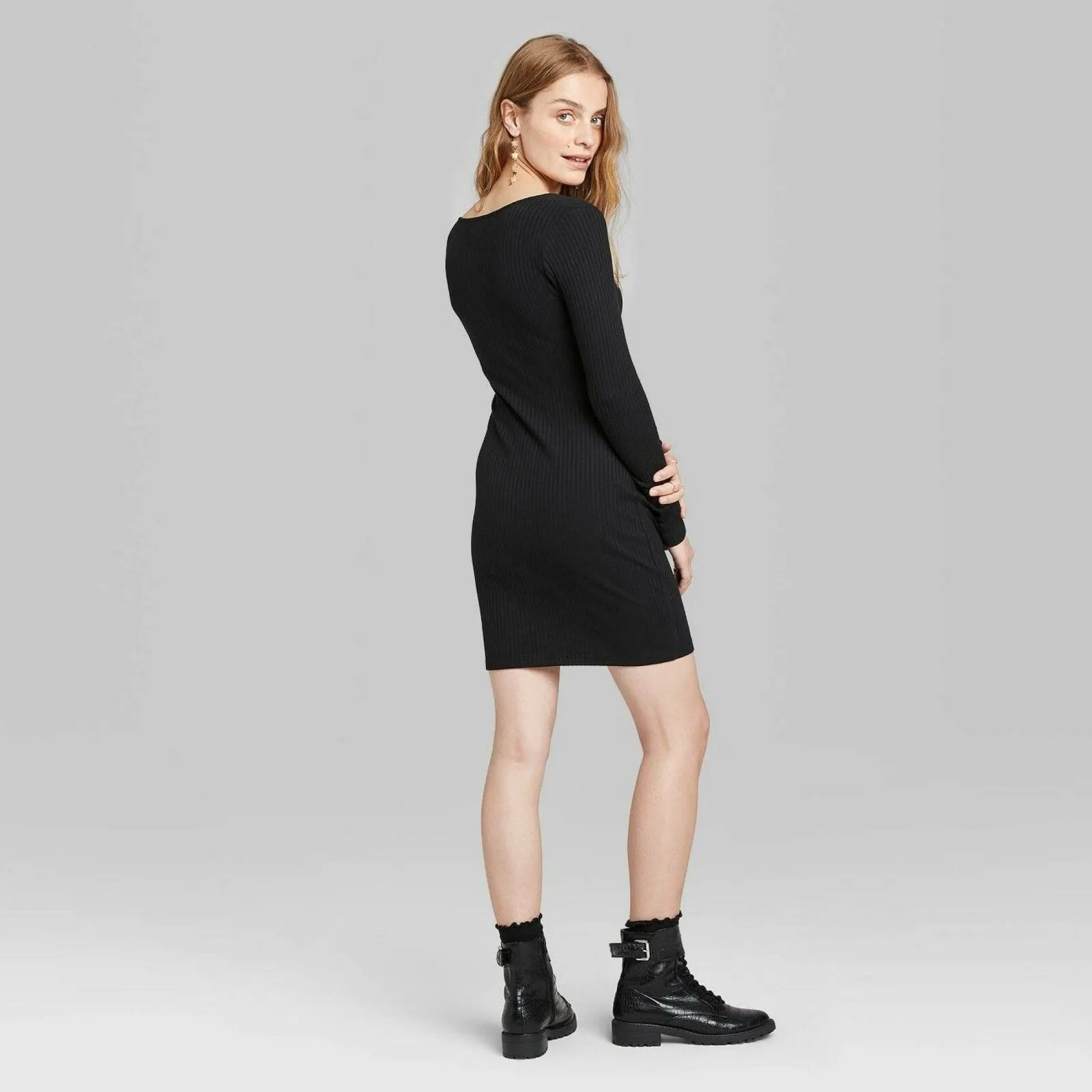 Wild Fable Women's Long Sleeve Scoop Neck Rib Knit Mini Dress