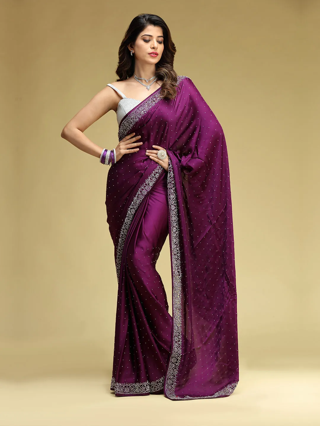 Wine Satin Silk Saree With Stone Work
