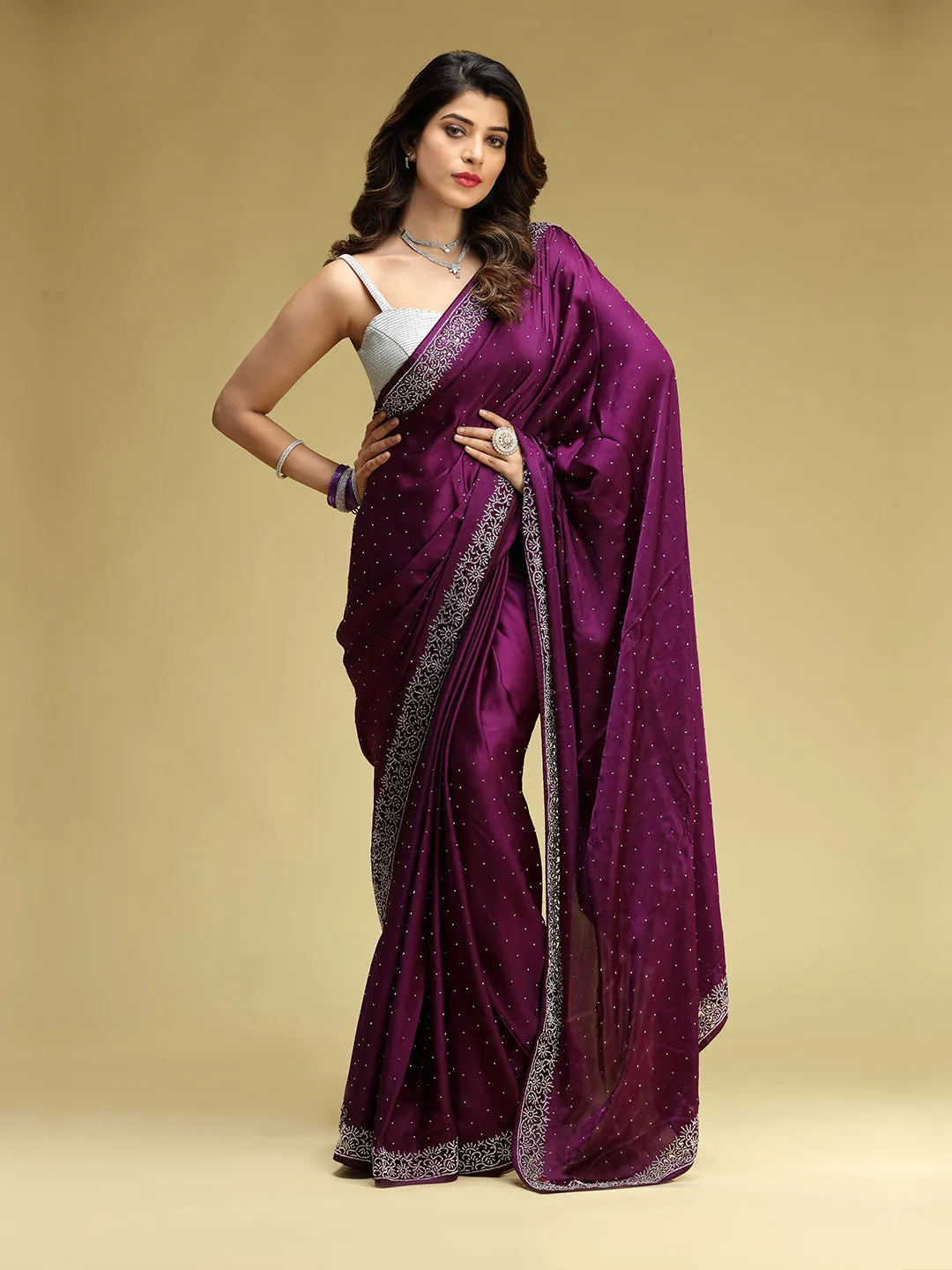 Wine Satin Silk Saree With Stone Work