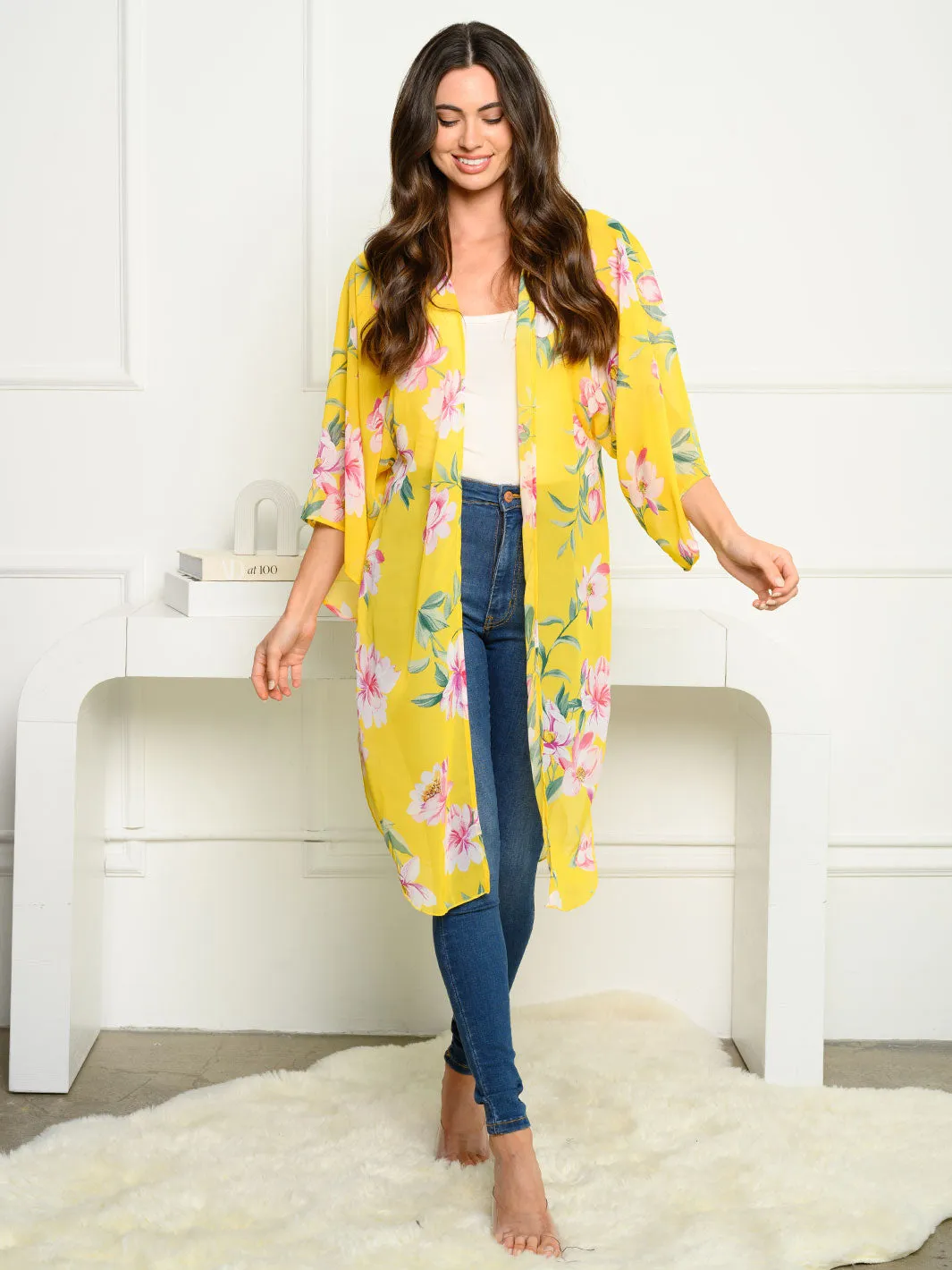 WOMEN'S 3/4 SLEEVE CHIFFON FLORAL CARDIGAN