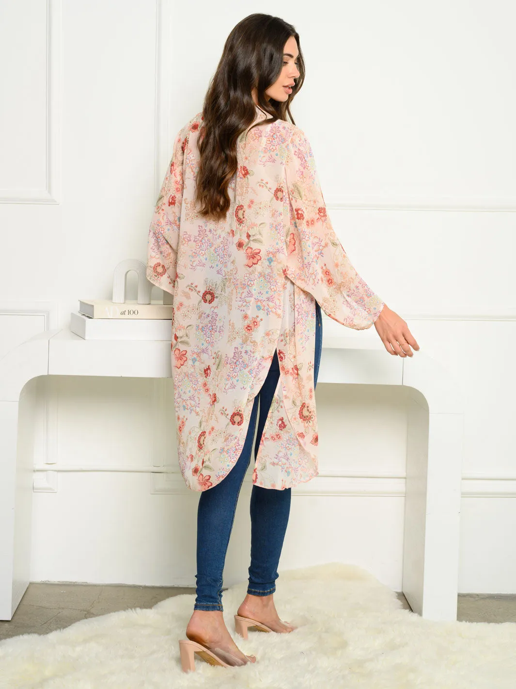 WOMEN'S 3/4 SLEEVE CHIFFON FLORAL CARDIGAN