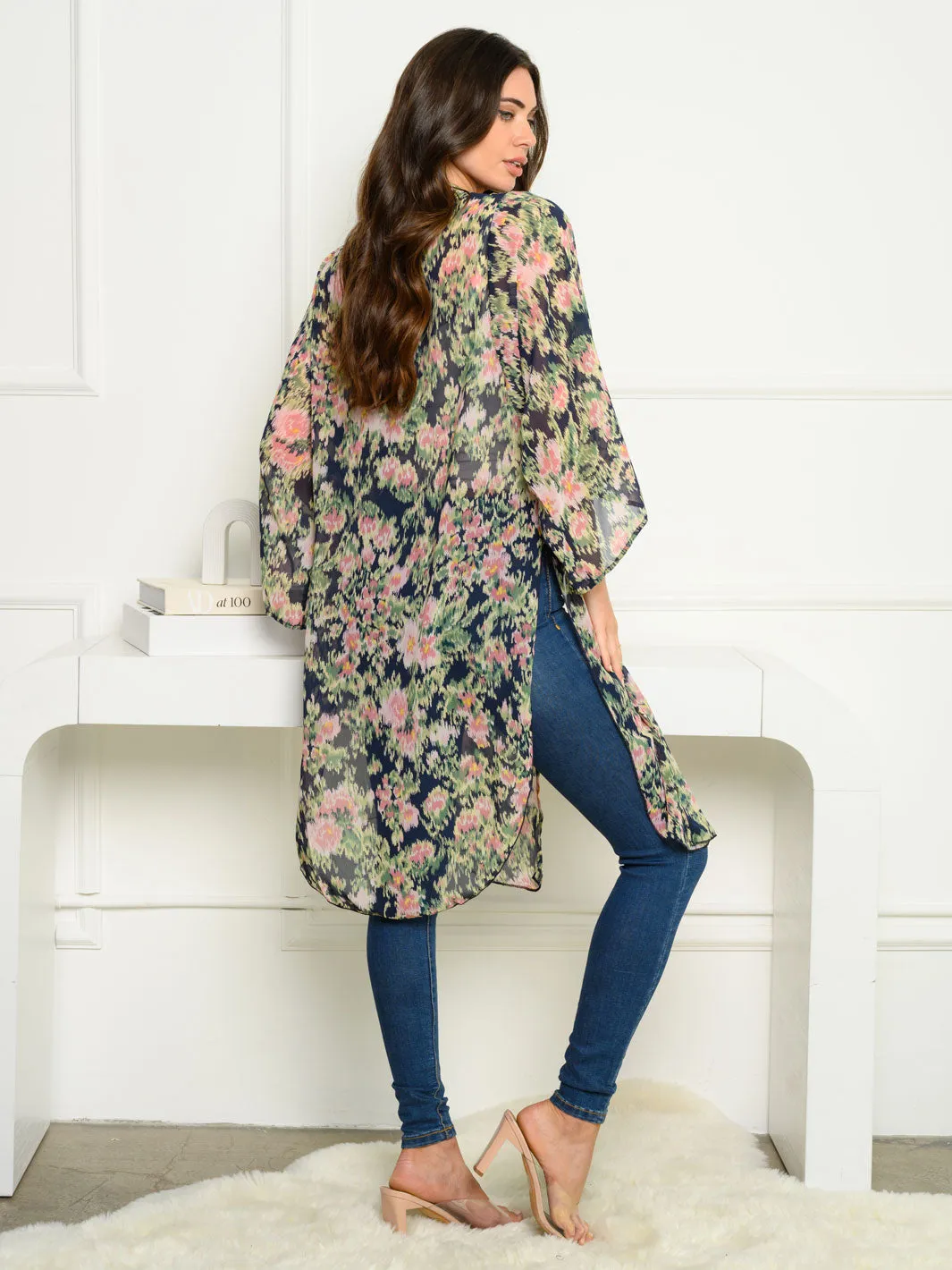 WOMEN'S 3/4 SLEEVE CHIFFON FLORAL CARDIGAN