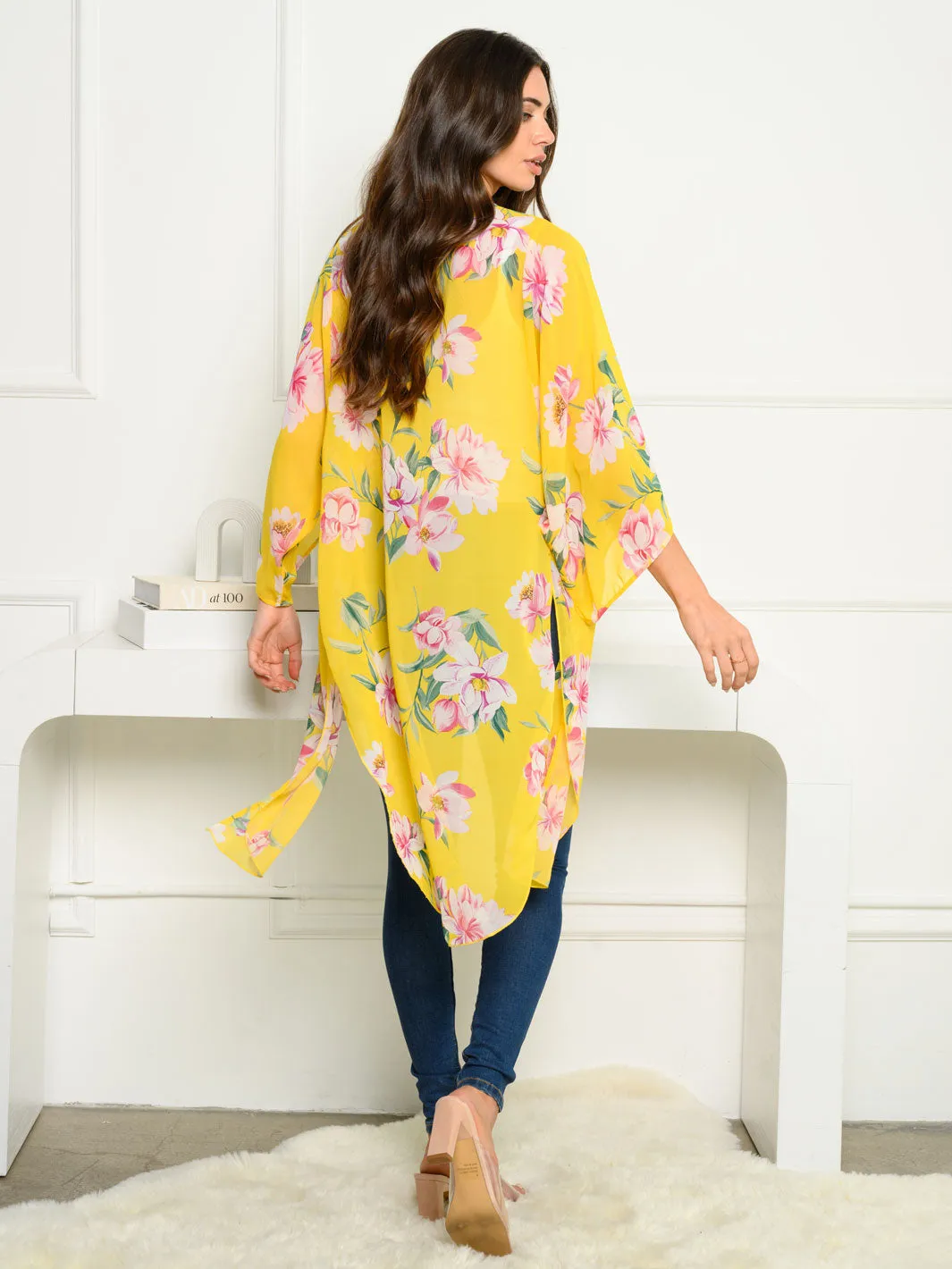 WOMEN'S 3/4 SLEEVE CHIFFON FLORAL CARDIGAN